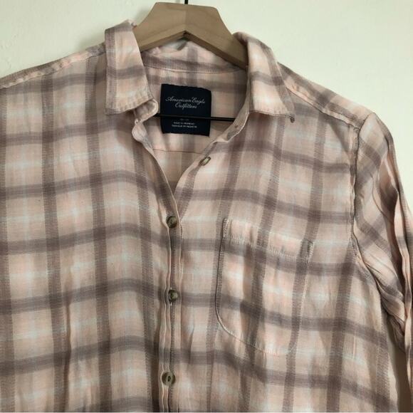 American Eagle AEO Soft Light Pink Brown Plaid Flannel Button Up Shirt Top - Picture 4 of 7